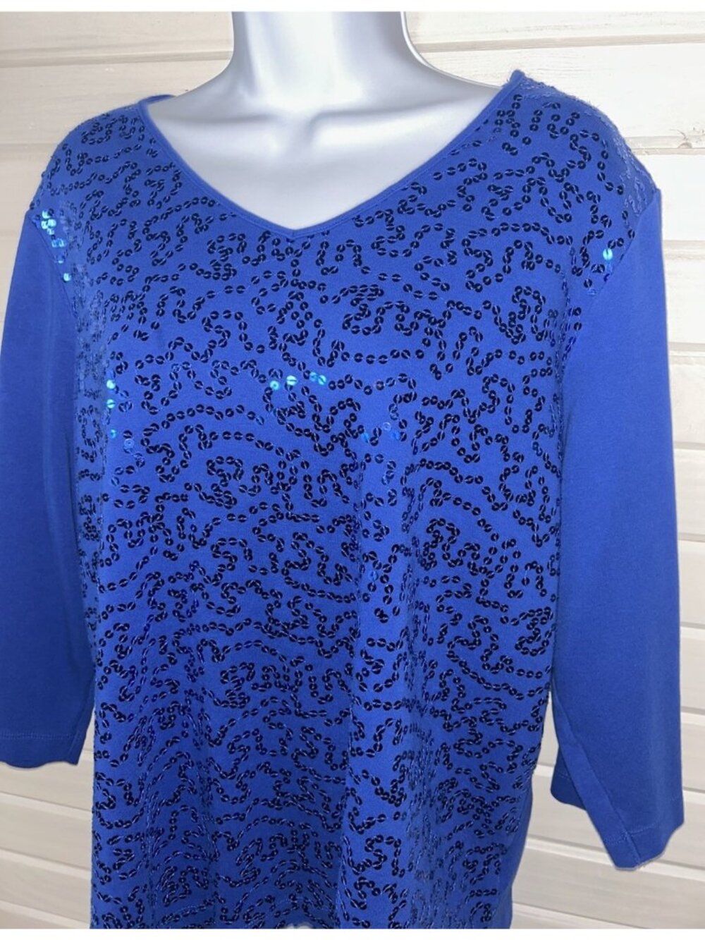 Quacker Factory Sz LARGE Blue Sparkle Sequin V-Neck Tunic 100% Cotton EUC